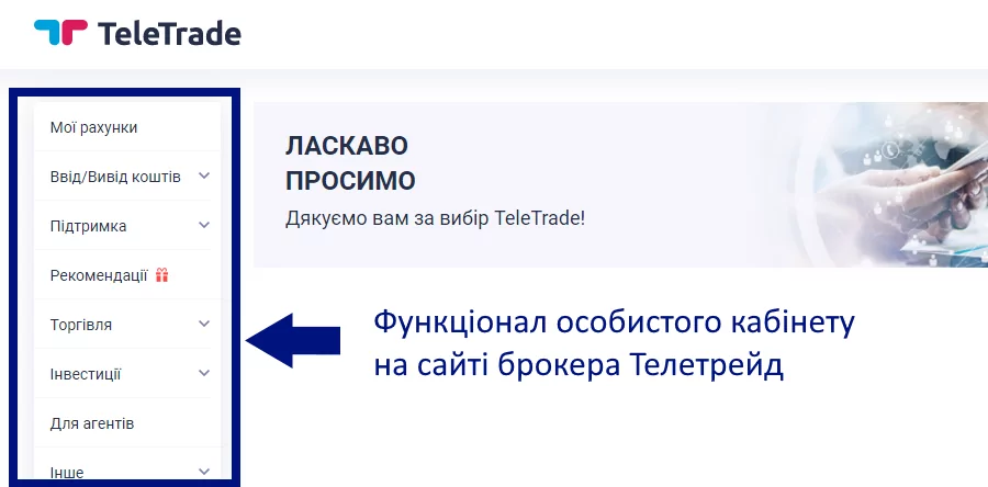 Функціонал кабінету Телетрейд